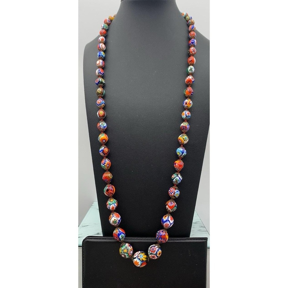 Vintage Millefiori Venetian Murano Art Glass Hand Knotted Bead Necklace 26"